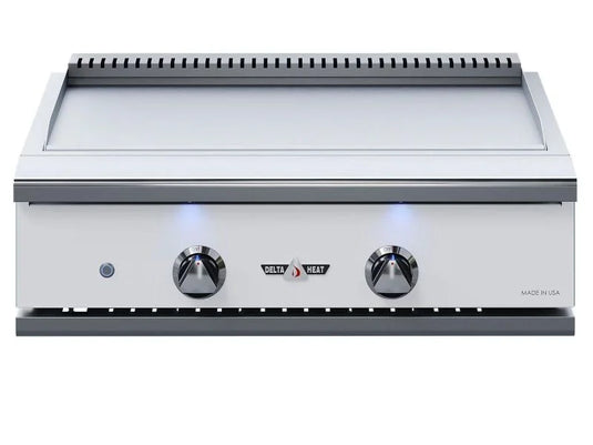 Delta Heat 32-inch built-in gas teppanyaki griddle with white control panel and stainless steel cooking surface