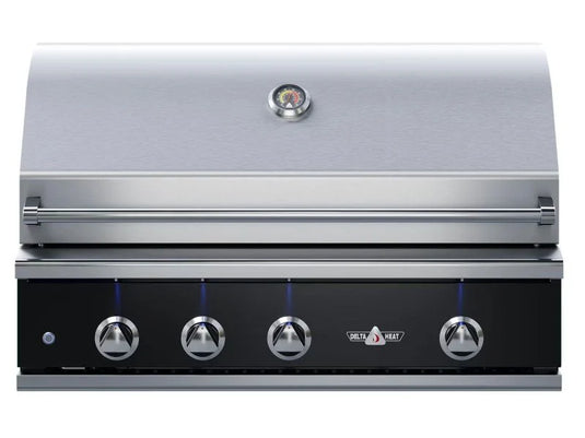 Delta Heat 38-inch built-in 3-burner gas grill with infrared sear zone rear rotisserie burner and black control panel