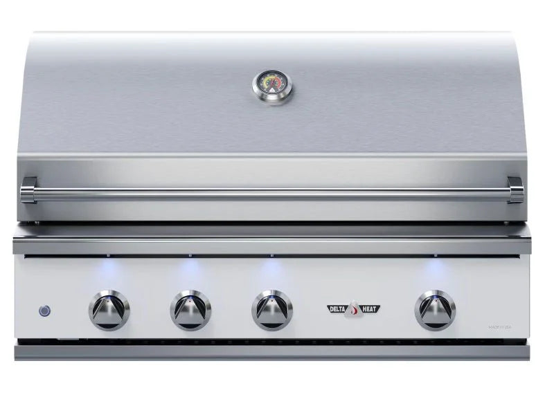 Load image into Gallery viewer, Delta Heat 38-inch built-in 3-burner gas grill with infrared rear rotisserie burner and white control panel
