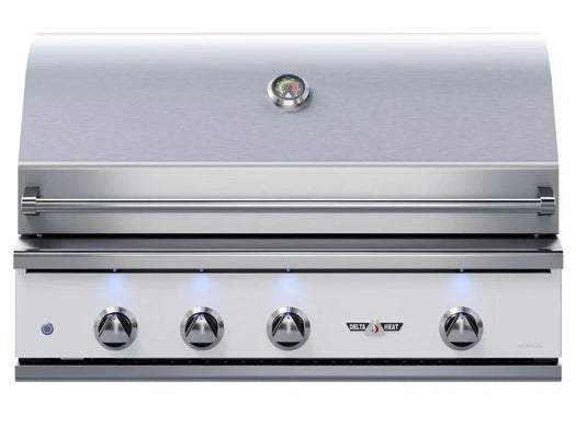 Delta Heat 38-inch built-in 3-burner gas grill with infrared rear rotisserie burner and white control panel
