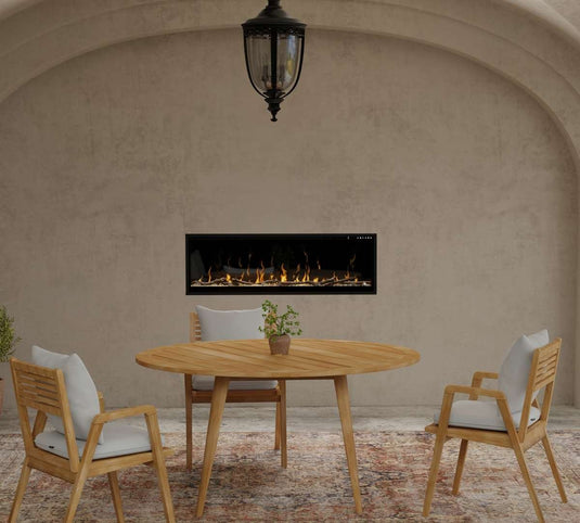 Dimplex IgniteXL 50 linear electric fireplace installed in a covered outdoor patio