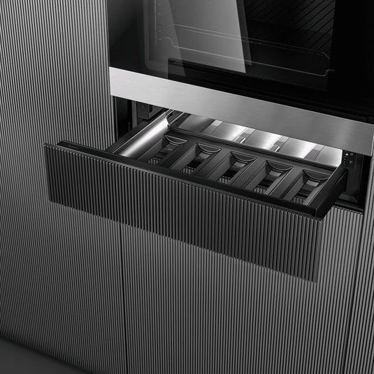 Dometic DrawBar 5C compact wine cooler with clear glass drawer front, built-in under cabinet design storing five wine bottles with LED lighting