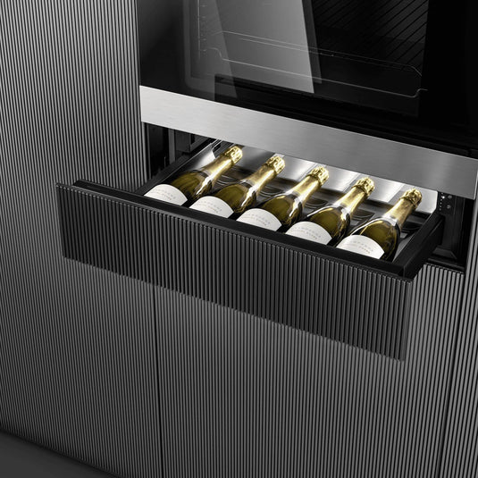 Dometic DrawBar 5C compact wine cooler with clear glass drawer front, built-in under cabinet design storing five wine bottles with LED lighting