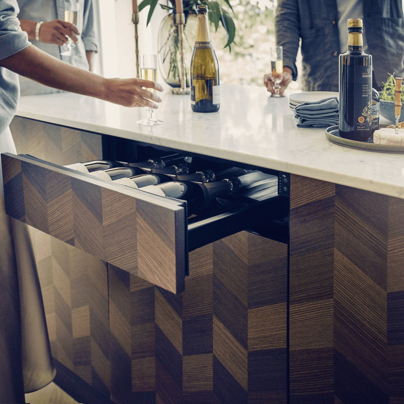 Load image into Gallery viewer, Dometic DrawBar 5S compact wine cooler with panel ready drawer front, built-in under cabinet design storing five wine bottles with LED lighting
