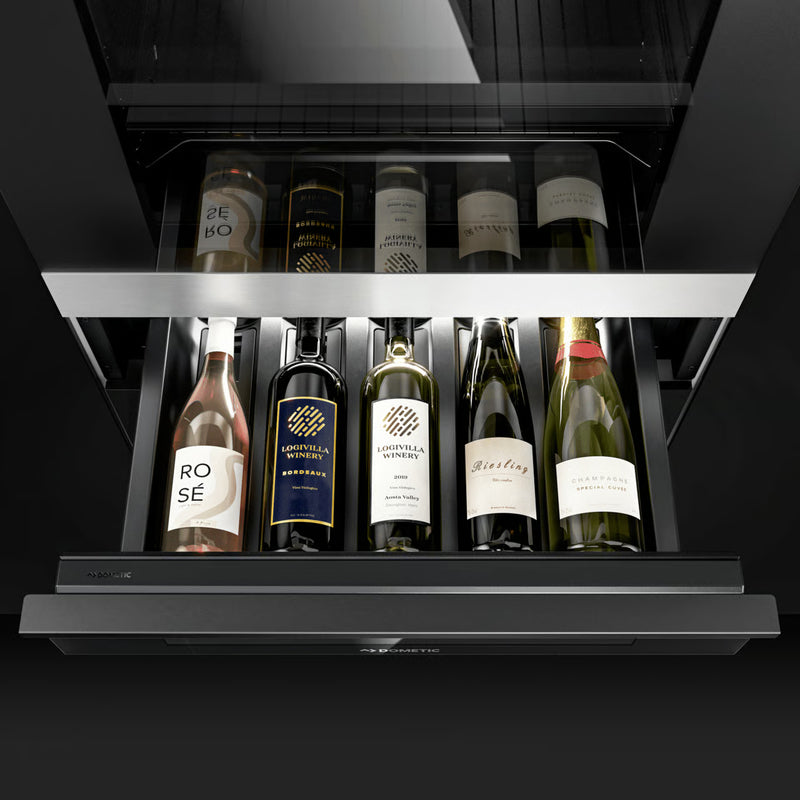 Load image into Gallery viewer, Dometic DrawBar 5C compact wine cooler with clear glass drawer front, built-in under cabinet design storing five wine bottles with LED lighting
