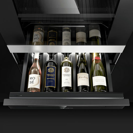 Dometic DrawBar 5C compact wine cooler with clear glass drawer front, built-in under cabinet design storing five wine bottles with LED lighting