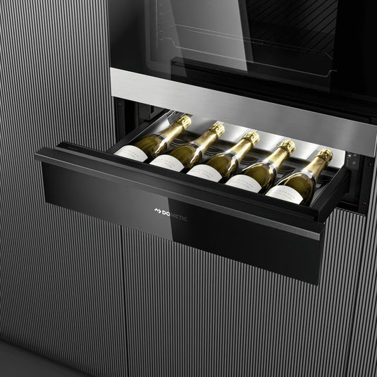 Dometic DrawBar 5S compact wine cooler with panel ready drawer front, built-in under cabinet design storing five wine bottles with LED lighting
