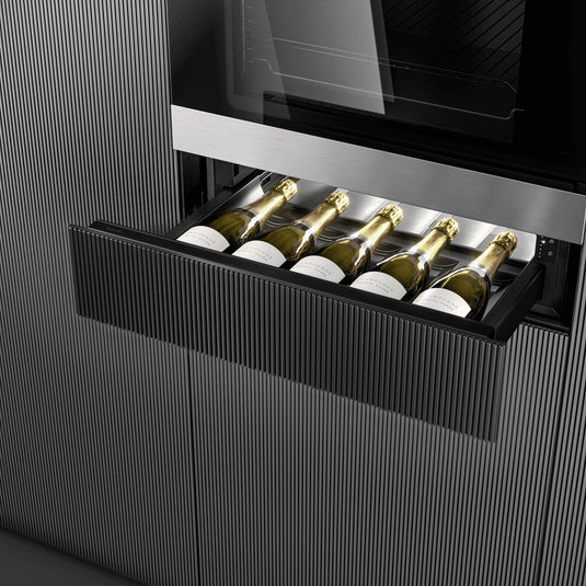Dometic DrawBar 5S compact wine cooler with panel ready drawer front, built-in under cabinet design storing five wine bottles with LED lighting