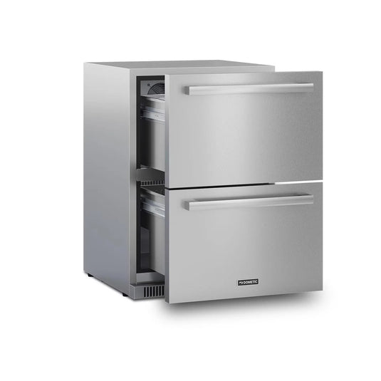 Dometic E-Series 24-Inch Outdoor Refrigerator Drawers in stainless steel with dual drawer design, built-in installation and digital temperature control