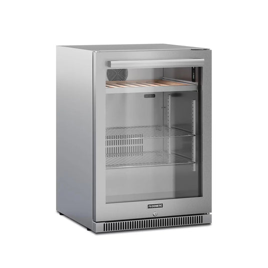 Dometic E-Series 24-Inch Reversible Hinge Beverage Center with Lock in stainless steel with glass door, built-in outdoor design and LED lighting
