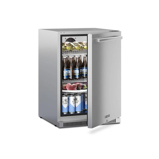 Dometic E-Series 24-Inch Reversible Hinge Outdoor Refrigerator with Lock in stainless steel, built-in design with digital temperature control and LED lighting