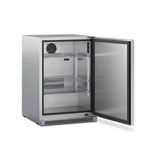 Dometic E-Series 24-Inch Reversible Hinge Outdoor Refrigerator with Lock in stainless steel, built-in design with digital temperature control and LED lighting