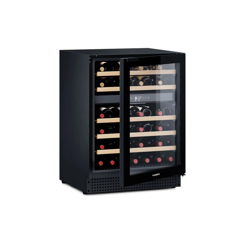 Load image into Gallery viewer, Dometic Wine Cooler D46B dual-zone built-in wine refrigerator with LED lighting and wooden shelves
