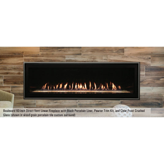 Empire Boulevard 60 direct vent fireplace with black porcelain liner installed