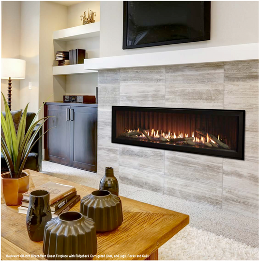 Empire Boulevard 60-inch direct vent linear gas fireplace with Ridgeback corrugated liner, logs, rocks and coils