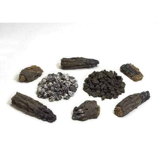 Empire EK1 traditional ember bed kit with burnt log pieces, white ash and lava rock