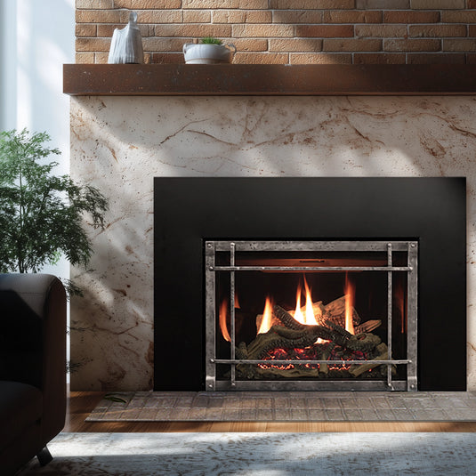Empire LS30DINF Driftwood log set installed in Rushmore 30-inch direct-vent insert
