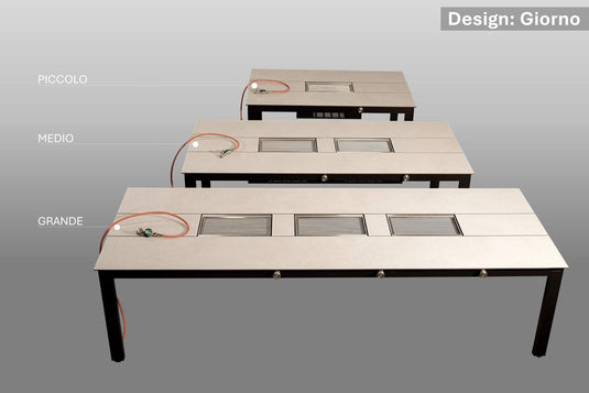 Festavolo FORTE dining grill tables in Giorno finish, shown in PICCOLO, MEDIO, and GRANDE sizes
