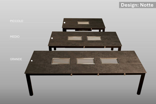 Festavolo FORTE dining grill tables in notte finish, shown in PICCOLO, MEDIO, and GRANDE sizes
