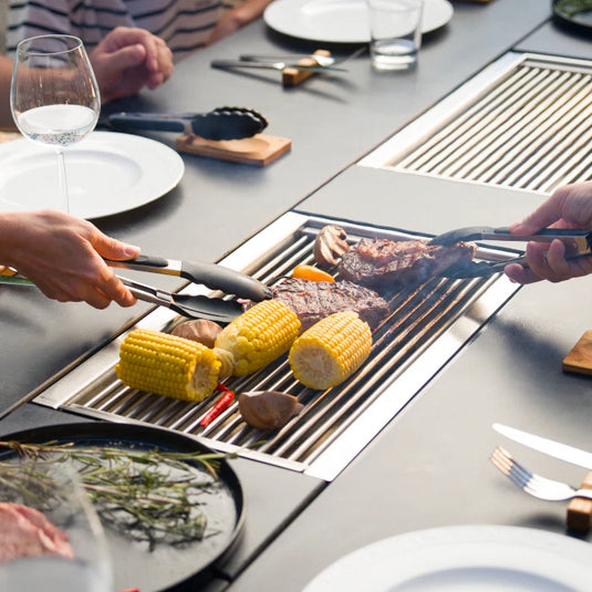 Festavolo Grill Tongs grilling corn and meat on a grill