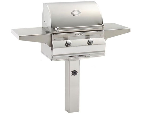 Fire Magic Choice C430s 24 inch gas grill on in ground post with timer stainless steel outdoor grill