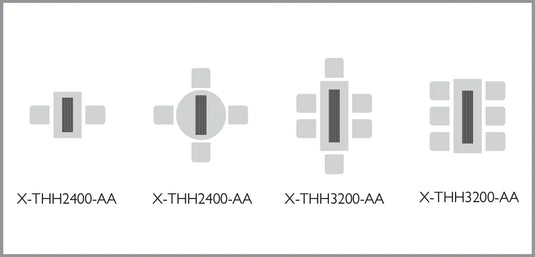 HEATSTRIP Classic with Remote and App positioning guide showing X-THH2400-AA and X-THH3200-AA heaters above seating and dining areas