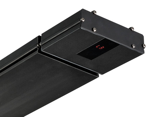 Close-up of the control section and black heating surface on the HEATSTRIP Classic with Remote and App heater