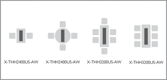 HEATSTRIP Classic White positioning guide showing X-THH2400US-AW and X-THH3200US-AW heaters above dining tables