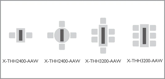 HEATSTRIP Classic White with Remote and App positioning guide showing X-THH2400-AAW and X-THH3200-AAW heaters above seating and dining areas