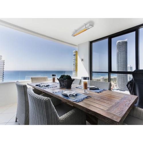 Load image into Gallery viewer, Heatstrip Intense electric infrared patio heater in white with remote and app control – 240V wall or ceiling mounted outdoor heater available in 2200W and 3200W models.
