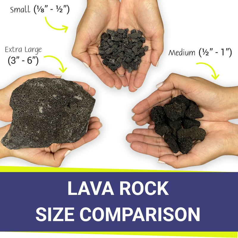 Load image into Gallery viewer, Comparison of small, medium, and extra large lava rock sizes for fire pit and fireplace media applications
