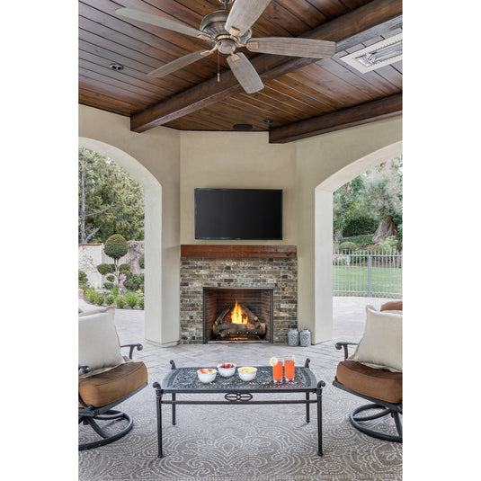 Majestic Courtyard 36 inch traditional outdoor vent-free natural gas fireplace with IntelliFire ignition system, clean face and flush hearth design, stainless steel pull screens
