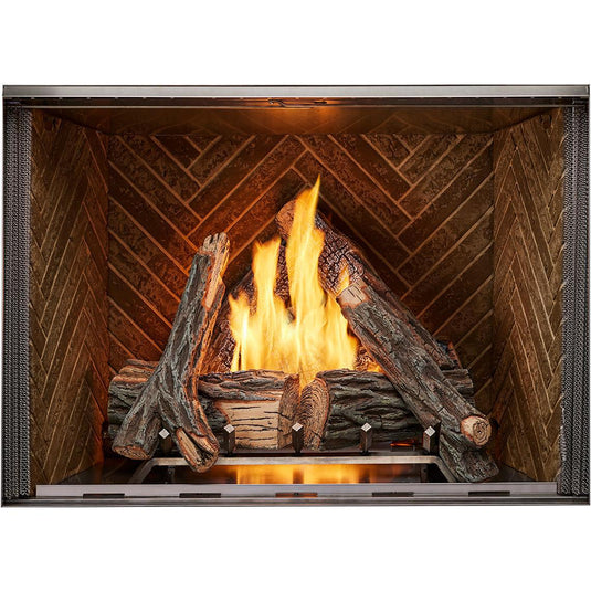 Majestic Courtyard 36 inch traditional outdoor vent-free natural gas fireplace with stacked concrete refractory interior and IntelliFire ignition system, stainless steel pull screens, clean face and flush hearth design