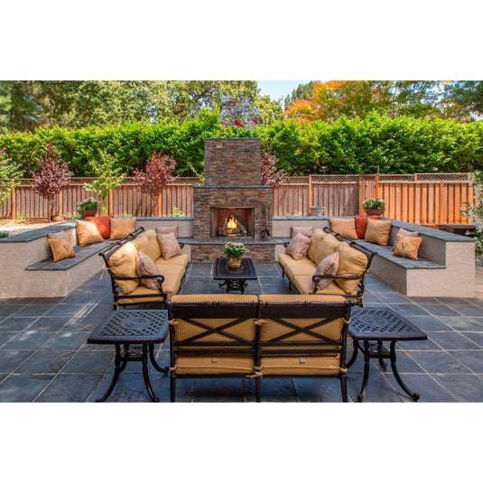 Majestic Courtyard 36 inch traditional outdoor vent-free natural gas fireplace with stacked concrete refractory interior and IntelliFire ignition system, stainless steel pull screens, clean face and flush hearth design