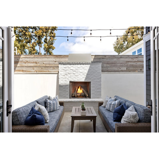 Majestic Courtyard 36 inch traditional outdoor vent-free natural gas fireplace with stacked concrete refractory interior and IntelliFire ignition system, stainless steel pull screens, clean face and flush hearth design