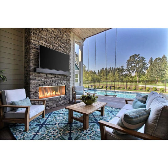 Majestic Lanai 60 inch linear contemporary outdoor vent-free natural gas fireplace with IntelliFire ignition system and LED illuminated glass media