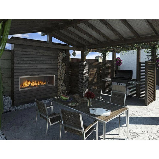 Majestic Lanai 60 inch linear contemporary outdoor vent-free natural gas fireplace with IntelliFire ignition system and LED illuminated glass media
