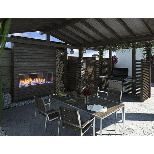Majestic Lanai 60 inch linear contemporary outdoor vent-free natural gas fireplace with IntelliFire ignition system and LED illuminated glass media