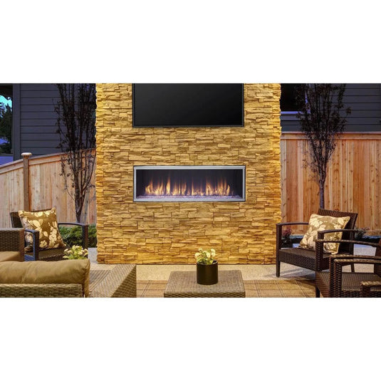 Majestic Lanai 60 inch linear contemporary outdoor vent-free natural gas fireplace with IntelliFire ignition system and LED illuminated glass media