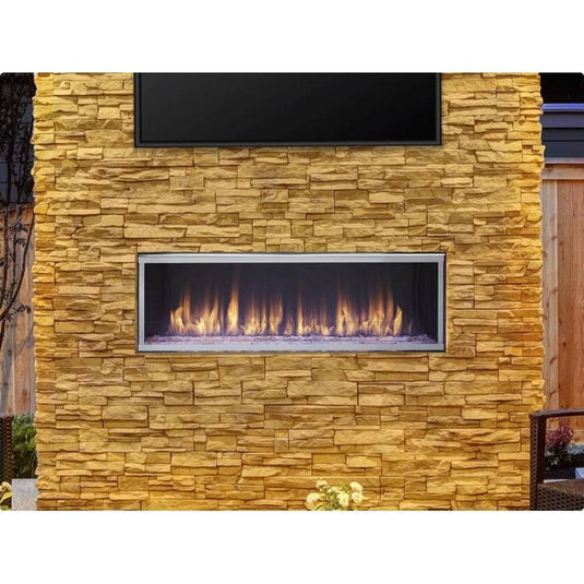 Majestic Lanai 60 inch linear contemporary outdoor vent-free natural gas fireplace with IntelliFire ignition system and LED illuminated glass media