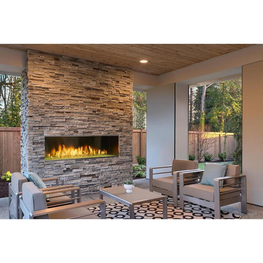 Majestic Lanai 60 inch linear contemporary outdoor vent-free natural gas fireplace with IntelliFire ignition system and LED illuminated glass media