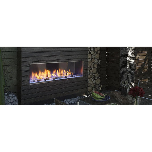 Majestic Lanai 60 inch linear contemporary outdoor vent-free natural gas fireplace with IntelliFire ignition system and LED illuminated glass media