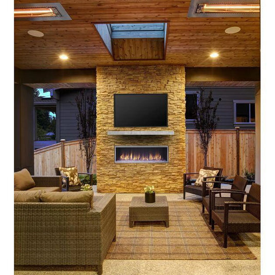 Majestic Lanai 60 inch linear contemporary outdoor vent-free natural gas fireplace with IntelliFire ignition system and LED illuminated glass media