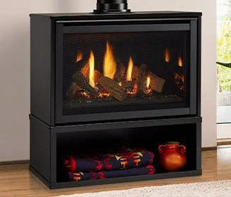 Majestic steel cabinet with pedestal base designed for Trilliant and Ruby 30-inch gas fireplace inserts