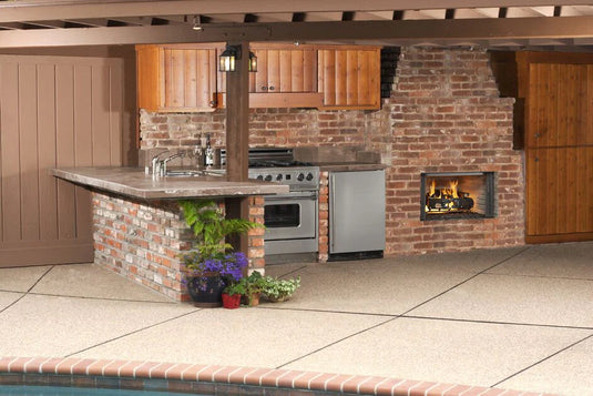 Majestic Villawood 36 inch Traditional Outdoor Wood Burning Fireplace with herringbone brick refractory and stainless steel mesh curtain screens