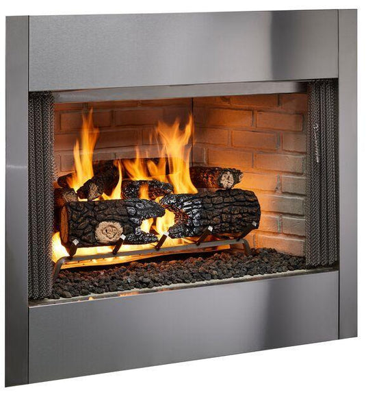 Majestic Villawood 36 inch Traditional Outdoor Wood Burning Fireplace with herringbone brick refractory and stainless steel mesh curtain screens