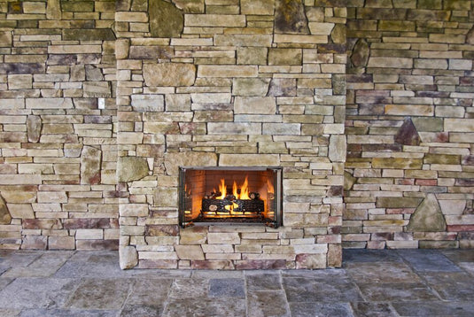 Majestic Villawood 36 inch Traditional Outdoor Wood Burning Fireplace with herringbone brick refractory and stainless steel mesh curtain screens
