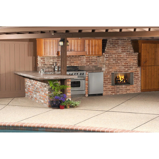 Majestic Villawood 36 inch Traditional Outdoor Wood Burning Fireplace with traditional brick refractory interior and stainless steel mesh curtain screens