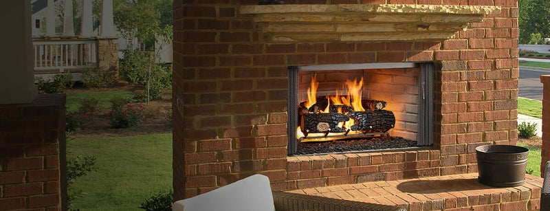 Load image into Gallery viewer, Majestic Villawood 42 inch Traditional Outdoor Wood Burning Fireplace with herringbone brick refractory interior and stainless steel mesh curtain screens

