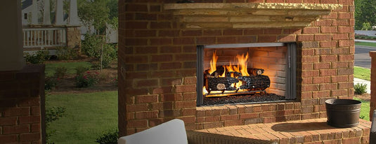 Majestic Villawood 42 inch Traditional Outdoor Wood Burning Fireplace with herringbone brick refractory interior and stainless steel mesh curtain screens